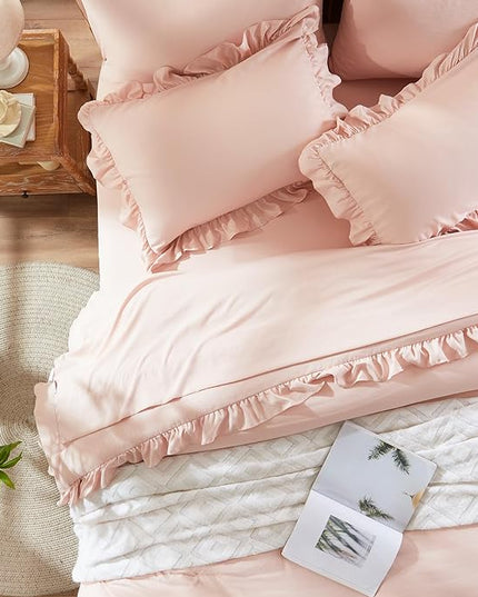 Anluoer Twin Comforter Set 5 Piece, Pink Bed in a Bag with Sheets, All Season Ruffle Shabby Chic Bedding Sets with 1 Comforter, 1 Pillow Sham, 1 Pillowcase, 1 Flat Sheet, 1 Fitted Sheet - LeafyLoom