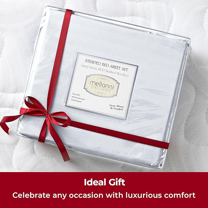 Mellanni California King Sheets Set - 4 PC Iconic Collection Bedding Sheets & Pillowcases - Hotel Luxury, Extra Soft, Cooling Bed Sheets - Deep Pocket up to 16 inch (Cal King, Striped White) - LeafyLoom