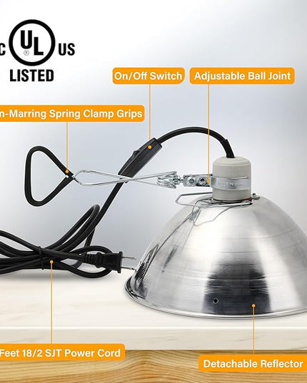 Simple Deluxe Clamp Lamp Light with 10.5 Inch Aluminum Reflector and Bulb Guard up to 250 Watt E26 Socket (no Bulb Included) 6 Feet 18/2 SJT Cord, Silver - LeafyLoom