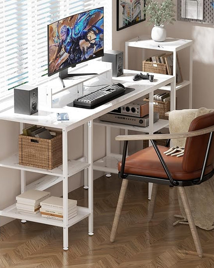 Computer Desk - 55 Inch Home Office Desk with Storage, Gaming Desk with Monitor Stand, Modern Simple Study Table, Adjustable Storage Space, White - LeafyLoom