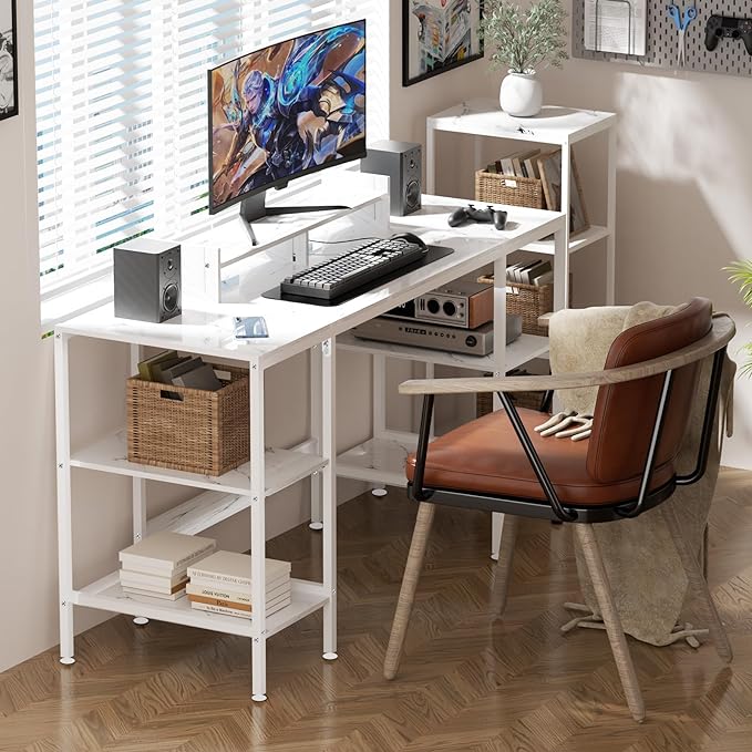 Computer Desk - 55 Inch Home Office Desk with Storage, Gaming Desk with Monitor Stand, Modern Simple Study Table, Adjustable Storage Space, White - LeafyLoom