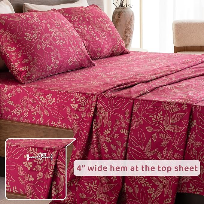 QSH Floral King Size Sheet Sets - 100% Egyptian Cotton Floral Bedding Sheets Red Flower Pattern Botanical Printed Bedding King Size Bed Sheets 17.5" Extra Deep Pocket 4pcs - LeafyLoom