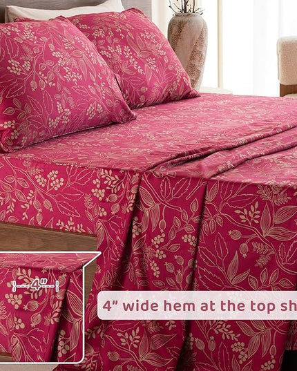 QSH Floral Queen Size Sheet Sets - 100% Egyptian Cotton Sheets Elegant Red Flower Pattern Botanical Printed Bedding Sheets Queen Size Bed Extra Soft and Breathable 4pcs Deep Pockets Bed Sheets - LeafyLoom
