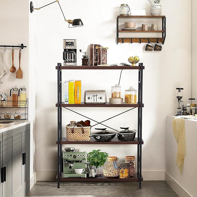 Small Shelf Industrial Bookshelf,4-Tier Wood Short Book Shelf Office Shelves with Metal Frame,Rustic Bookshelves Open Shelf Bookcase for Bedroom,Living Room,Office Home(Berry Brown) - LeafyLoom
