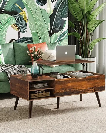 WLIVE Wood Lift Top Coffee Table with Adjustable Storage Shelf and Hidden Compartment, Lift Tabletop Dining Table for Living Room and Office, Rustic Oak - LeafyLoom