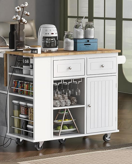 Kitchen Island with Power Outlet,Drop Leaf and Rubber Wood,Open Storage & Wine Rack,Storage Cart with 5 casters,w/Adjustable Storage for Home, Kitchen, and Dining Room, White - LeafyLoom