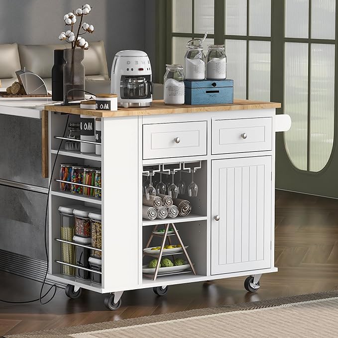 Kitchen Island with Power Outlet,Drop Leaf and Rubber Wood,Open Storage & Wine Rack,Storage Cart with 5 casters,w/Adjustable Storage for Home, Kitchen, and Dining Room, White - LeafyLoom