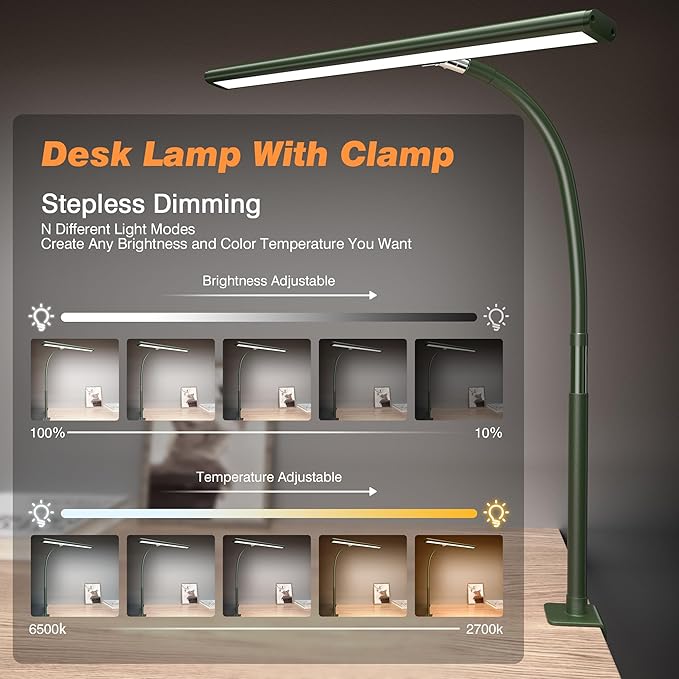 LED Desk Lamp for Office Home, Eye-Caring Desk Light with Stepless Dimming Adjustable Flexible Gooseneck, 10W USB Adapter Desk Lamp with Clamp for Reading, Study, Workbench (Green) - LeafyLoom