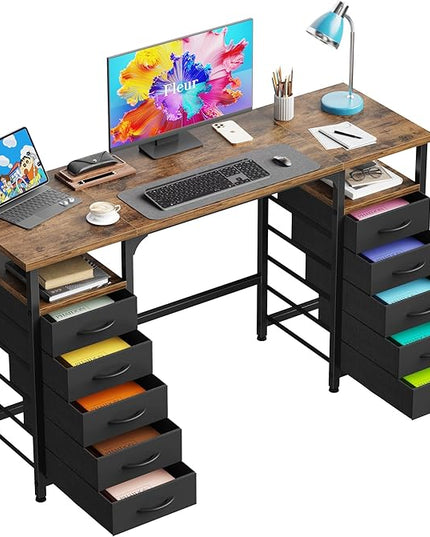 Desk with 10 Fabric Drawers Classified Organizer - 55"/140 Office Desks with Ample Storage, Computer Work Desk Study Writing Table Workstation for Home Office Space Deep Black - LeafyLoom