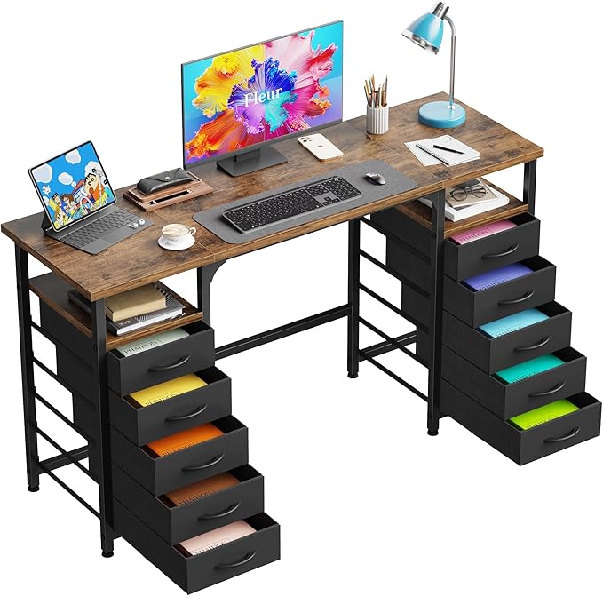 Desk with 10 Fabric Drawers Classified Organizer - 55"/140 Office Desks with Ample Storage, Computer Work Desk Study Writing Table Workstation for Home Office Space Deep Black - LeafyLoom