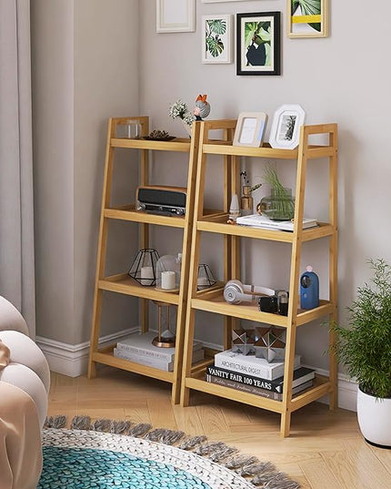 SMIBUY Bamboo Ladder Bookcase, Bathroom Storage Rack Organizer, 4 Tier Freestanding Plant Display Stand Space Saver Shelves for Bedroom, Kitchen, Balcony (Natural) - LeafyLoom