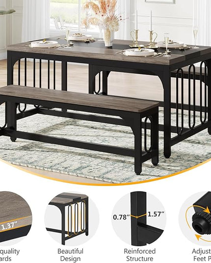 Tribesigns 55 Inch Dining Table Set for 4-6, 3-Piece Kitchen Table with 2 Benches, Space-Saving Dining Room Table Set for Home Kitchen, Restaurant, Grey - LeafyLoom