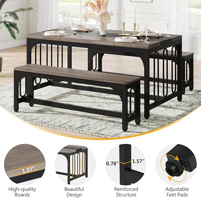 Tribesigns 55 Inch Dining Table Set for 4-6, 3-Piece Kitchen Table with 2 Benches, Space-Saving Dining Room Table Set for Home Kitchen, Restaurant, Grey - LeafyLoom