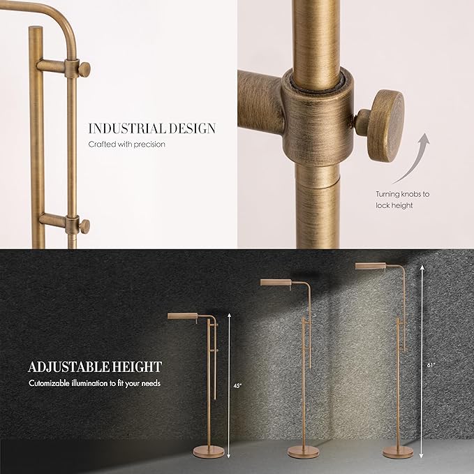 O'Bright Cedric Adjustable Pharmacy Floor Lamp - Industrial Design for Reading, Crafting, Work - 10W LED, Height 45-61 inches - Ideal for Living Room, Bedside, Office - Antique Brass - LeafyLoom