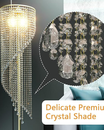 QiMH Crystal Floor Lamp for Living Room/ Bedroom Decor, Bling Elegant Rain Lamp, Gold Standing Indoor Tall Pole Light Simple Floor Lamp with Foot Switch - LeafyLoom