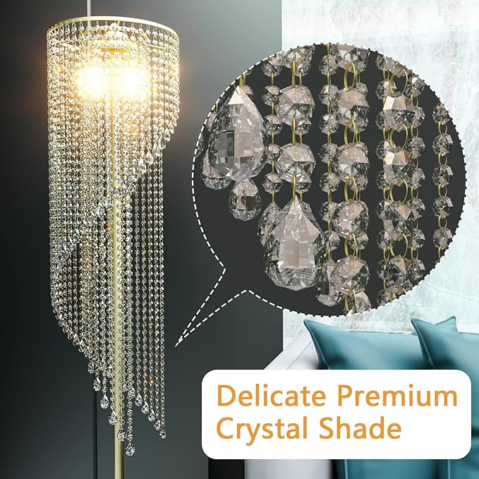 QiMH Crystal Floor Lamp for Living Room/ Bedroom Decor, Bling Elegant Rain Lamp, Gold Standing Indoor Tall Pole Light Simple Floor Lamp with Foot Switch - LeafyLoom