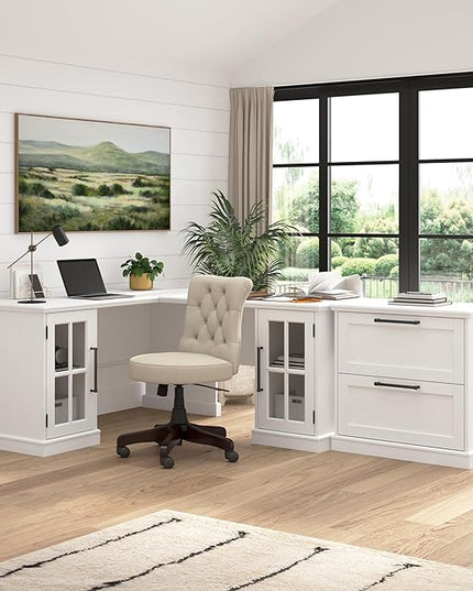 Bush Furniture Westbrook 60W Computer Desk with Storage and Keyboard Tray in White Ash | Farmhouse Desk for Home Office Workspace - LeafyLoom