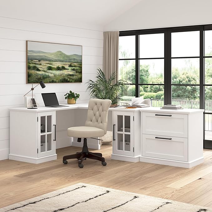 Bush Furniture Westbrook 60W Computer Desk with Storage and Keyboard Tray in White Ash | Farmhouse Desk for Home Office Workspace - LeafyLoom