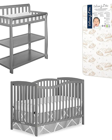 Nursery Essentials Bundle of Dream On Me Chelsea 5-in-1 Convertible Crib, Dream On Me Ashton Changing-table, with a Dream On Me Twilight 5” 88 Coil Inner Spring Crib and Toddler Mattress - LeafyLoom
