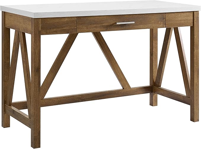Walker Edison Rustic Farmhouse Wood Computer Writing Desk Home Office Workstation Small, 46 Inch, Marble and Walnut - LeafyLoom