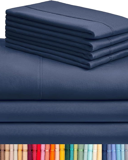 LuxClub 7 PC Split King Sheet Set, Breathable Luxury Bed Sheets, Deep Pockets 18" Eco Friendly Wrinkle Free Cooling Sheets Machine Washable Hotel Bedding Silky Soft - Navy Split King - LeafyLoom