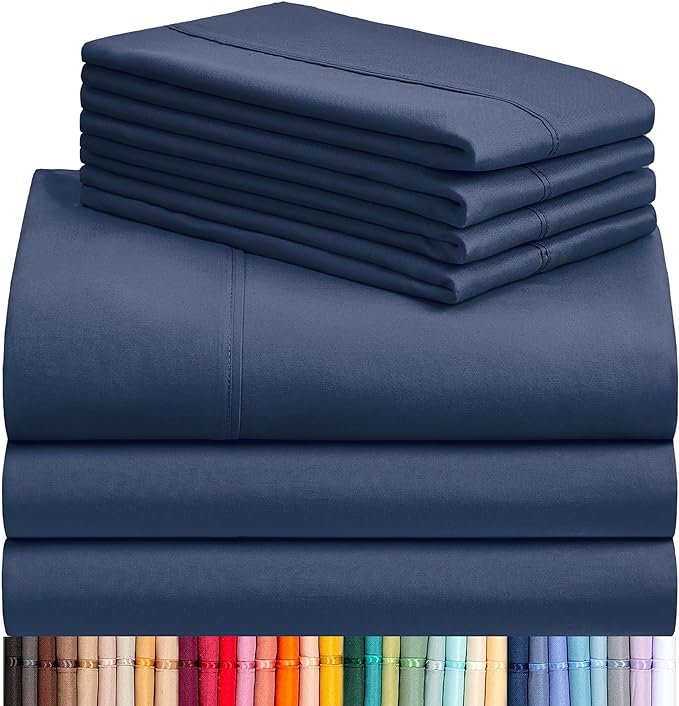 LuxClub 7 PC Split King Sheet Set, Breathable Luxury Bed Sheets, Deep Pockets 18" Eco Friendly Wrinkle Free Cooling Sheets Machine Washable Hotel Bedding Silky Soft - Navy Split King - LeafyLoom