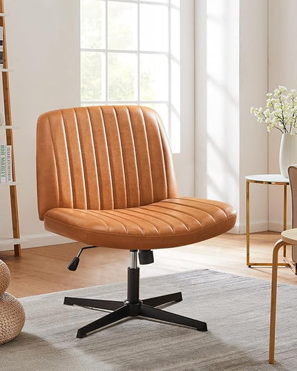 Sweetcrispy Criss Cross Chair Legged, Armless Office Desk Chair No Wheels, Swivel Vanity Chair, Height Adjustable Wide Seat Computer Task Chair, PU Leather Vanity Modern Home Chair Brown - LeafyLoom