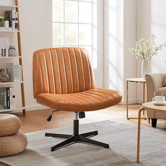 Sweetcrispy Criss Cross Chair Legged, Armless Office Desk Chair No Wheels, Swivel Vanity Chair, Height Adjustable Wide Seat Computer Task Chair, PU Leather Vanity Modern Home Chair Brown - LeafyLoom