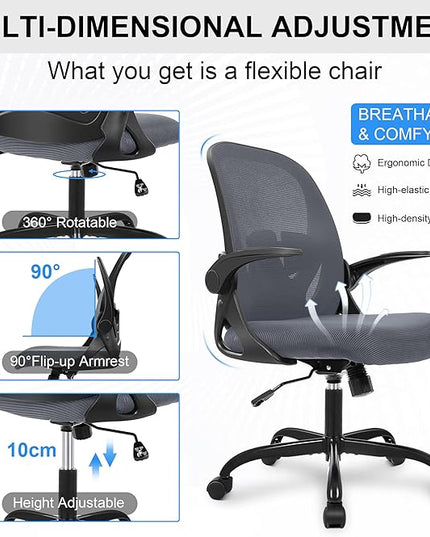 Primy Office Chair Ergonomic Desk Chair with Adjustable Lumbar Support and Height, Swivel Breathable Desk Mesh Computer Chair with Flip up Armrests for Conference Room（Dark Gray） - LeafyLoom