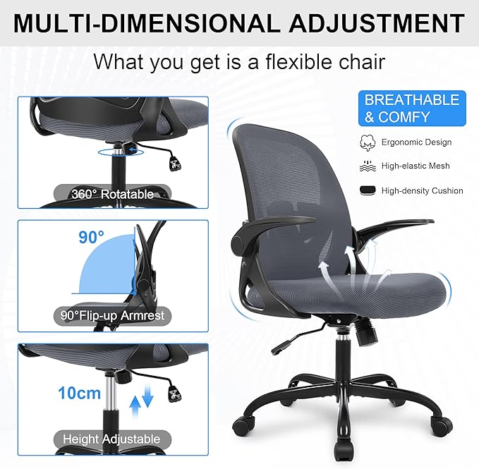 Primy Office Chair Ergonomic Desk Chair with Adjustable Lumbar Support and Height, Swivel Breathable Desk Mesh Computer Chair with Flip up Armrests for Conference Room（Dark Gray） - LeafyLoom