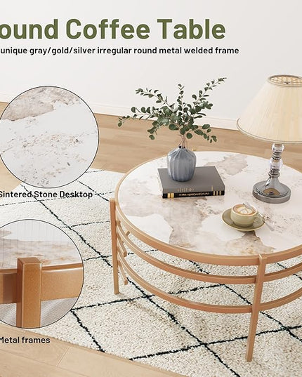 Round Coffee Table Coffee Tables for Living Room Sintered Stone Marble Top Sturdy Metal Frame (Golden, 31.50 inches) - LeafyLoom