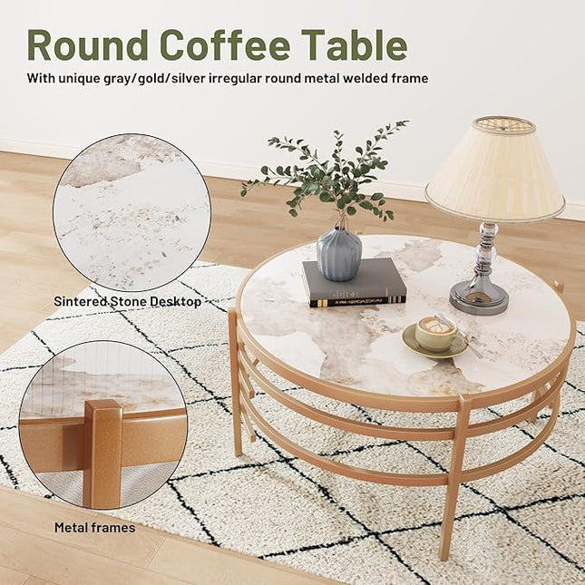 Round Coffee Table Coffee Tables for Living Room Sintered Stone Marble Top Sturdy Metal Frame (Golden, 31.50 inches) - LeafyLoom