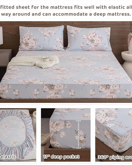 QSH Floral King Size Sheet Sets - 100% Egyptian Cotton Floral Bedding Sheets Blue Vintage Paisley Flower Pattern Printed Bedding King Size Bed Sheets 17.5" Extra Deep Pocket 4pcs - LeafyLoom