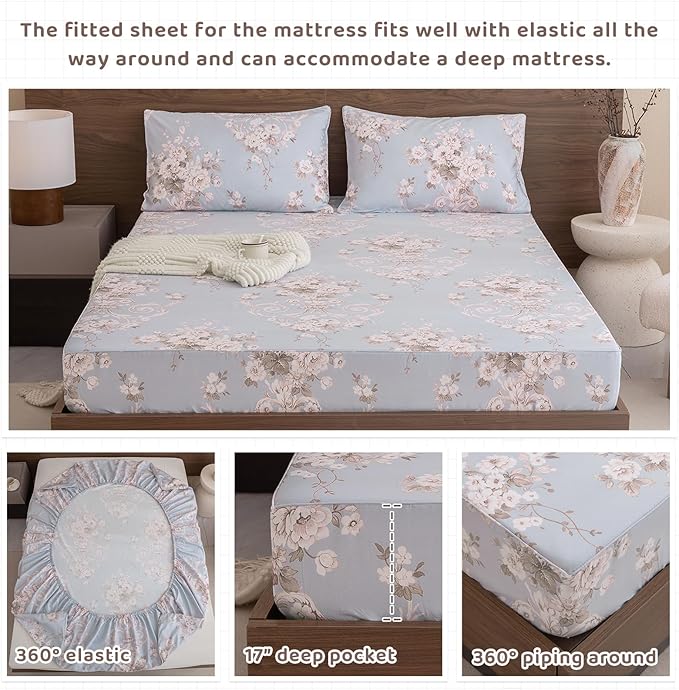 QSH Floral King Size Sheet Sets - 100% Egyptian Cotton Floral Bedding Sheets Blue Vintage Paisley Flower Pattern Printed Bedding King Size Bed Sheets 17.5" Extra Deep Pocket 4pcs - LeafyLoom