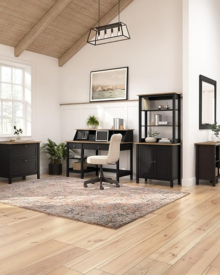 Bush Furniture Mayfield 54W Computer Desk with Shelves in Vintage Black and Reclaimed Pine| Table and Storage for Home Office Workspace - LeafyLoom