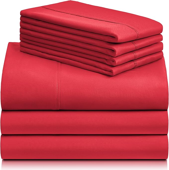 LuxClub 7 PC Split King Sheet Set, Breathable Luxury Bed Sheets, Deep Pockets 18" Eco Friendly Wrinkle Free Cooling Sheets Machine Washable Hotel Bedding Silky Soft - Red Split King - LeafyLoom