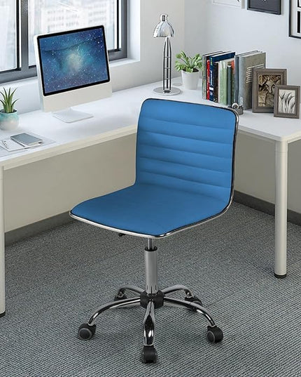 Yaheetech PU Leather Office Chairs, Ribbed Armless Swivel Chairs, Ergonomic Low Back Task Chairs with Wheels Blue - LeafyLoom