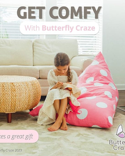 Butterfly Craze Bean Bag Chair Cover, Functional Toddler Toy Organizer, Fill with Stuffed Animals to Create a Jumbo, Comfy Floor Lounger for Boys or Girls, Stuffing Not Included, Light Pink Polka Dots - LeafyLoom