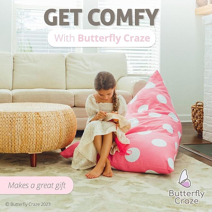 Butterfly Craze Bean Bag Chair Cover, Functional Toddler Toy Organizer, Fill with Stuffed Animals to Create a Jumbo, Comfy Floor Lounger for Boys or Girls, Stuffing Not Included, Light Pink Polka Dots - LeafyLoom