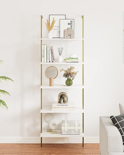 5 Tiers Ladder 2-Piece Shelf White Marble Modern Bookshelf Open Tall Wall Mount Bookcase Standing Leaning Wall Shelves Industrial Decorative - LeafyLoom