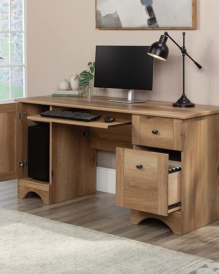 Sauder Miscellaneous Office Computer Desk with Drawers, L: 59.45" x W: 23.47" x H: 29.02", Timber Oak finish - LeafyLoom