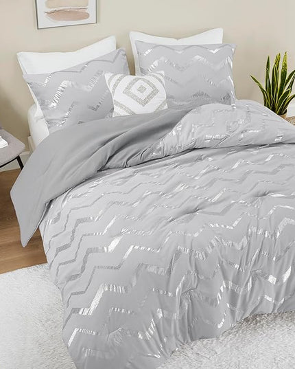 Codi Grey Queen Comforter Set, Silver Print Bedding Sets for Queen Size Bed - 4 Piece includes 1 Queen/Full Comforter with 1 Decorative Pillow and 2 Pillow Cases - All Season Warm - LeafyLoom