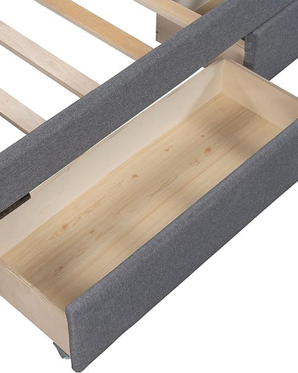 Bellemave Upholstered Twin Size Platform Bed Frame with 2 Storage Drawers and Headboard, Linen Fabric Simple Style, Solid Wooden Slats Support, No Box Spring Needed, Grey - LeafyLoom