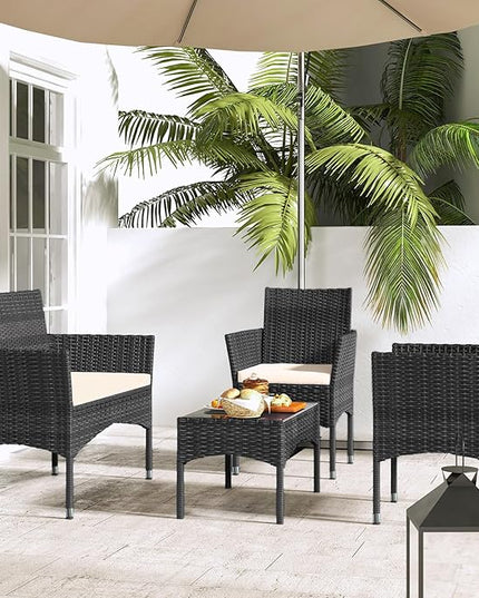 Patio Furniture, 4 Piece Conversation Set, Outdoor Wicker Rattan Table and Chairs, Sectional Sofa with Thick Cushion for Garden, Yard, or Porch, Dark Black - LeafyLoom