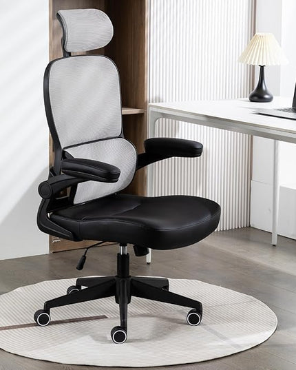 Home Office Chair High Back Computer Desk Chair Ergonomic Task Chair Executive Chair with Lumbar Support Recliner Chair with Adjustable Headrest,Flip-up Armrests (Gray with Nylon Base) - LeafyLoom