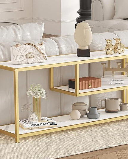 Function Home TV Stand for TVs up to 55 Inch, 3 Tier Entertainment Center, Media Console with Open Storage Shelves for Living Room Bedroom, 47” Modern TV Table with Faux Marble Top Gold Metal Leg - LeafyLoom