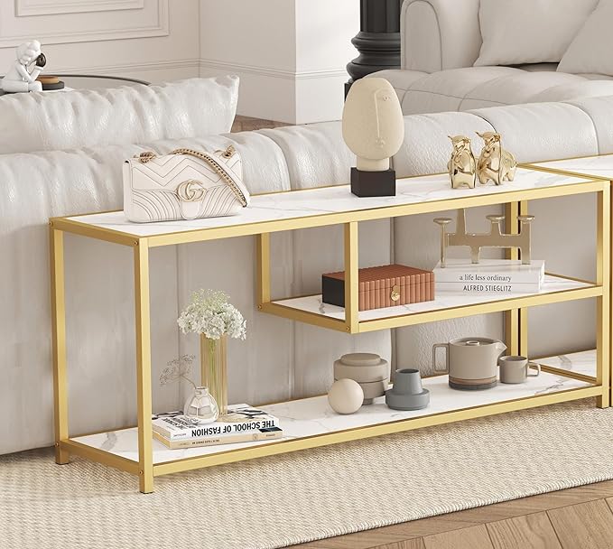 Function Home TV Stand for TVs up to 55 Inch, 3 Tier Entertainment Center, Media Console with Open Storage Shelves for Living Room Bedroom, 47” Modern TV Table with Faux Marble Top Gold Metal Leg - LeafyLoom