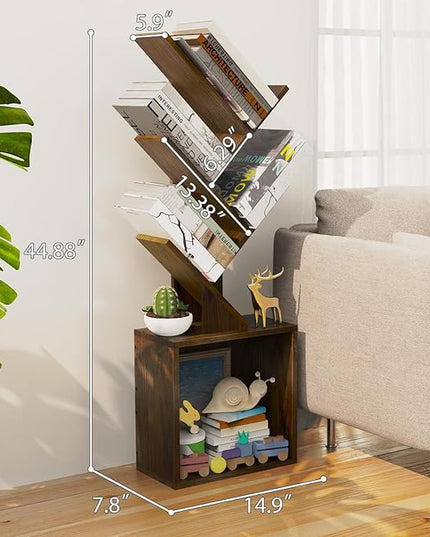 Ochine Tree Bookshelf, 5 Tier Small Bookcase with Large Drawer, Tall Wood Narrow Bookshelves Organizer for CDs/Movies/Books, Floor Standing Book Shelf for Bedroom, Living Room, Home Office - LeafyLoom