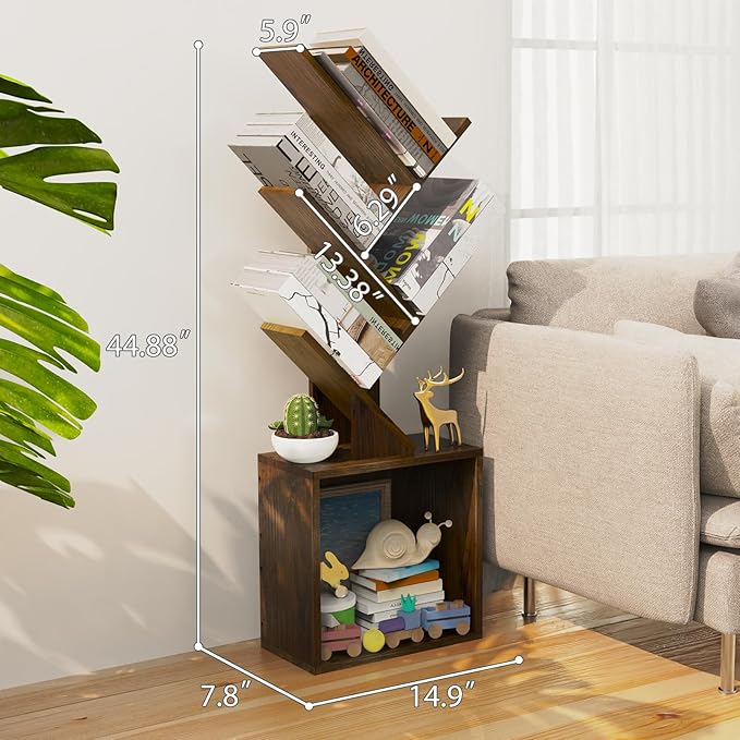 Ochine Tree Bookshelf, 5 Tier Small Bookcase with Large Drawer, Tall Wood Narrow Bookshelves Organizer for CDs/Movies/Books, Floor Standing Book Shelf for Bedroom, Living Room, Home Office - LeafyLoom