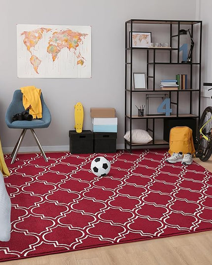 Chicrug Shag Geometric 7x10 Area Rug for Living Room, Large Modern Memory Foam Indoor Carpet, Fluffy Rug for Bedroom Bedside Room Decor for Family Girls Kids Nursery, Wine Red/White - LeafyLoom